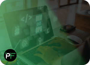 A modern interface with coding elements, system architecture diagrams, and tools, symbolising advanced IT software solution