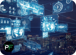 A high-tech digital network displaying interconnected systems, symbolizing the core functionality of API integration solutions in streamlining business operations