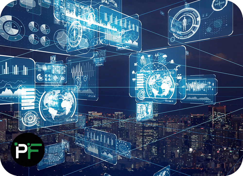 A high-tech digital network displaying interconnected systems, symbolizing the core functionality of API integration solutions in streamlining business operations