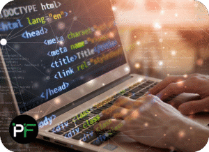 Close-up of a person typing on a laptop with HTML code visible, illustrating bespoke software development and modern coding practices with digital connectivity.