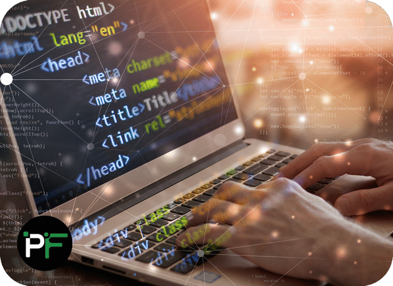 Close-up of a person typing on a laptop with HTML code visible, illustrating bespoke software development and modern coding practices with digital connectivity.