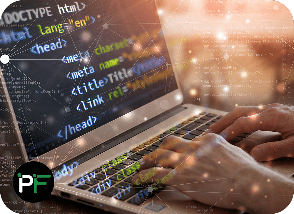Close-up of a person typing on a laptop with HTML code visible, illustrating bespoke software development and modern coding practices with digital connectivity.