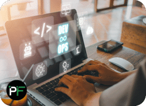 A developer working on a laptop, coding within a structured environment, representing the innovation and sustainability of custom IT solutions for business growth