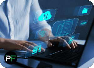 Close-up of a laptop with visible HTML code and a network overlay, illustrating data warehousing solutions and seamless digital connectivity.