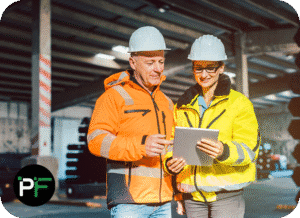 Production team utilizing a tablet for workflow management, demonstrating the impact of digital solutions in manufacturing software development.