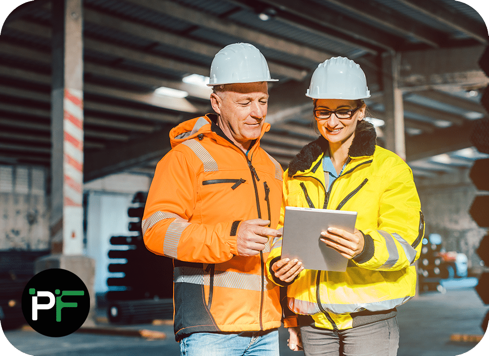 Production team utilizing a tablet for workflow management, demonstrating the impact of digital solutions in manufacturing software development.