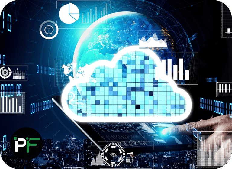 A high-tech visualization of cloud networks, demonstrating the adaptability and resource efficiency of scalable cloud computing solutions