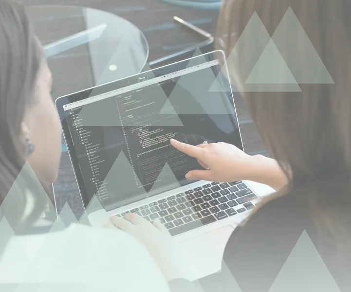 Two colleagues working through a connected system on a laptop